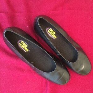 Black round toe non slip pumps 2 inch heels leather uppers safe tread